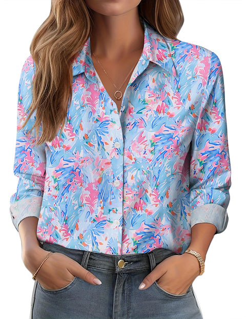 Zeagoo Button Down Shirts for Women Dressy Floral Printed Long Sleeve Blouse Business Casual Work Tops