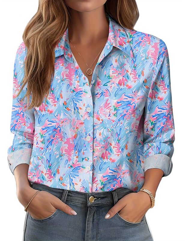 Zeagoo Button Down Shirts for Women Dressy Floral Printed Long Sleeve Blouse Business Casual Work Tops