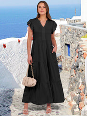 ANRABESS Womens Summer Casual Maxi Dress V Neck Ruffle Sleeve Long Dresses Fashion Flowy Tiered Boho Beach Vacation Sundress Black Large