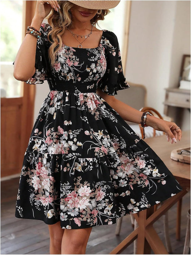 Verdusa Women's Floral Ruffle Hem Summer Dresses Flowy Short Sleeve High Waist Midi Dress