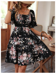 Verdusa Women's Floral Ruffle Hem Summer Dresses Flowy Short Sleeve High Waist Midi Dress Multicolor Medium