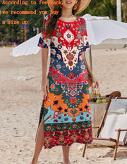 Zeagoo Women Long Sun Dress Summer T Shirt Dresses Beach Dress Casual Short Sleeve Tropical O Neck A Line Maxi Dresses Loose Side Slit Cover Up with Pockets 2025 Black XXL