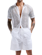 LecGee Men Summer Casual Short Sets Lace Short Sleeve Button Down Shirt Elastic Waist Shorts 2 Piece Outfits Tracksuit