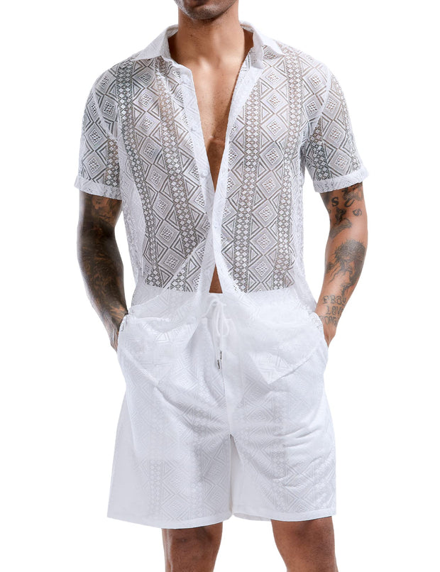 LecGee Men Summer Casual Short Sets Lace Short Sleeve Button Down Shirt Elastic Waist Shorts 2 Piece Outfits Tracksuit