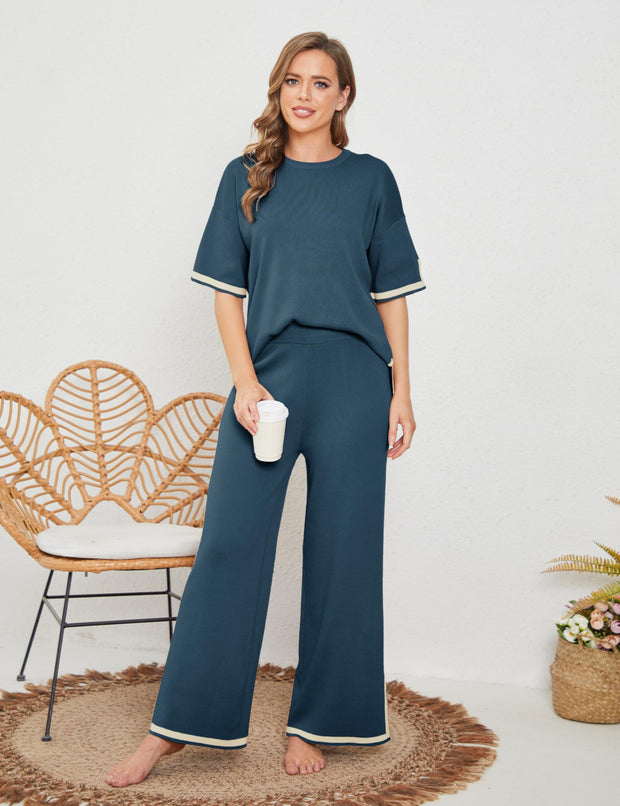Tanming Sweater Sets Women 2 Piece Lounge Sets Short Sleeve Knit Pullover Tops Wide Leg Pants