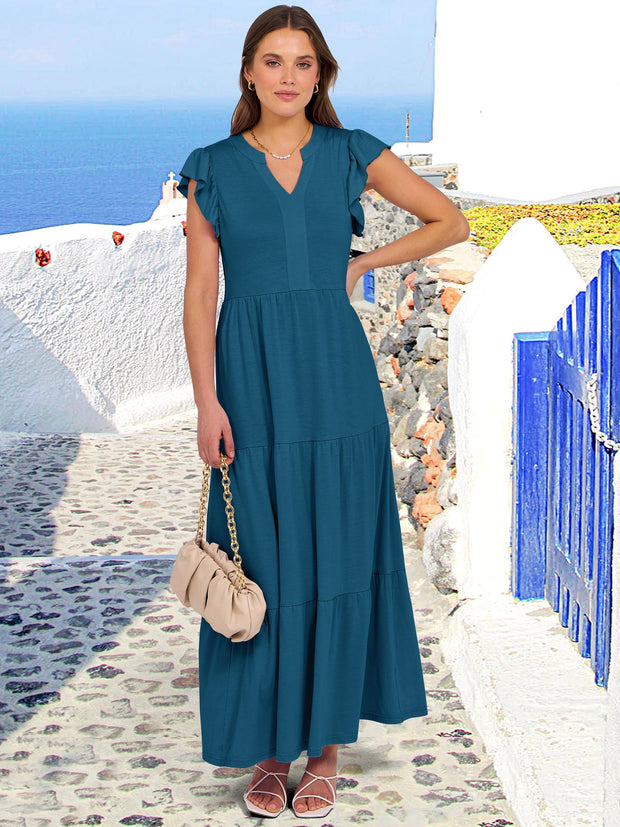 ANRABESS Womens Summer Casual Maxi Dress V Neck Ruffle Sleeve Long Dresses Fashion Flowy Tiered Boho Beach Vacation Sundress Black Large