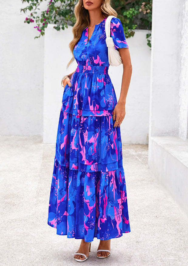 PRETTYGARDEN Women's 2025 Summer Boho Maxi Dresses Floral Short Sleeve V Neck A Line Tiered Flowy Long Beach Vacation Dress (White Pink Floral,Large)