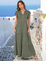 ANRABESS Womens Summer Casual Maxi Dress V Neck Ruffle Sleeve Long Dresses Fashion Flowy Tiered Boho Beach Vacation Sundress Black Large