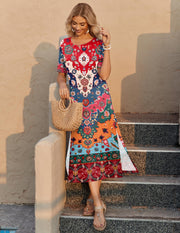 Zeagoo Women Long Sun Dress Summer T Shirt Dresses Beach Dress Casual Short Sleeve Tropical O Neck A Line Maxi Dresses Loose Side Slit Cover Up with Pockets 2025 Black XXL