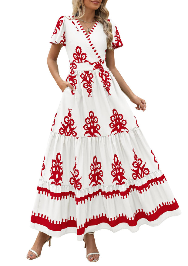 PRETTYGARDEN Womens 2025 Summer Casual V Neck Boho Maxi Dress Flowy Aline Bell Sleeve Tiered Floral Dresses with Pocket (Floral Apricot Black,X-Large)