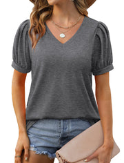 Geifa Womens Summer Tops Puff Short Sleeve V Neck T Shirts Loose Casual Tshirts