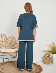 Tanming Sweater Sets Women 2 Piece Lounge Sets Short Sleeve Knit Pullover Tops Wide Leg Pants