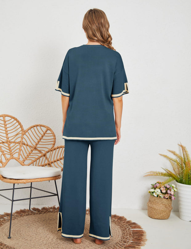 Tanming Sweater Sets Women 2 Piece Lounge Sets Short Sleeve Knit Pullover Tops Wide Leg Pants