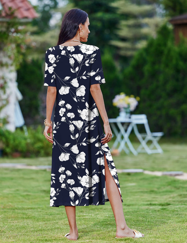 Zeagoo Women Long Sun Dress Summer T Shirt Dresses Beach Dress Casual Short Sleeve Tropical O Neck A Line Maxi Dresses Loose Side Slit Cover Up with Pockets 2025 Black XXL