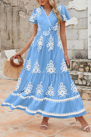 PRETTYGARDEN Womens 2025 Summer Casual V Neck Boho Maxi Dress Flowy Aline Bell Sleeve Tiered Floral Dresses with Pocket (Floral Apricot Black,X-Large)