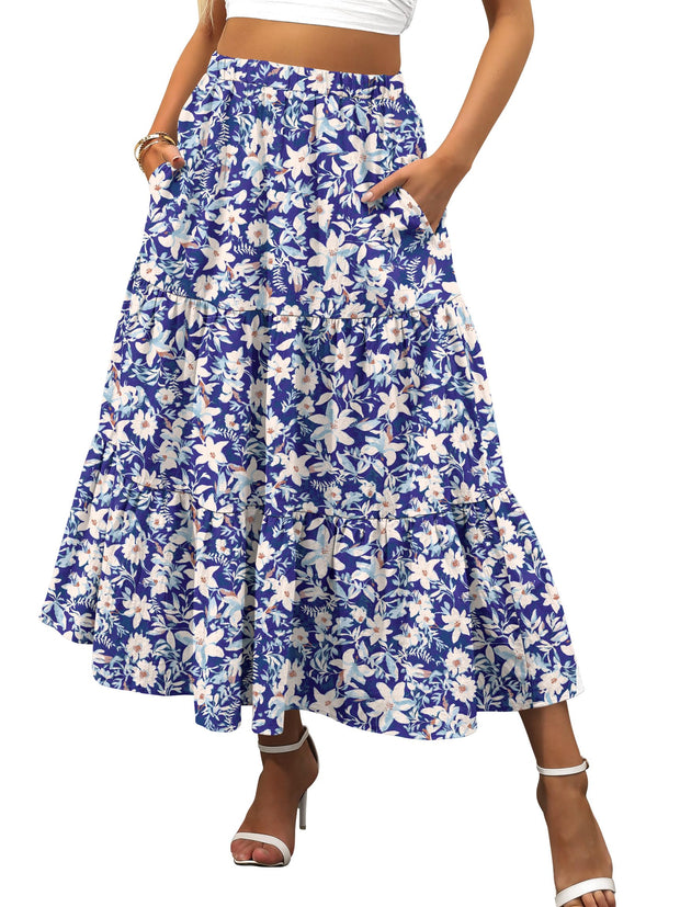 ANRABESS Women’s Summer Boho Flowy Swing Tiered A-Line Maxi Skirt 2025 Fashion Trendy Elastic Waist Pleated Long Beach Dress