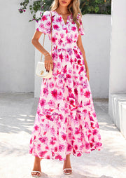 PRETTYGARDEN Women's 2025 Summer Boho Maxi Dresses Floral Short Sleeve V Neck A Line Tiered Flowy Long Beach Vacation Dress (White Pink Floral,Large)