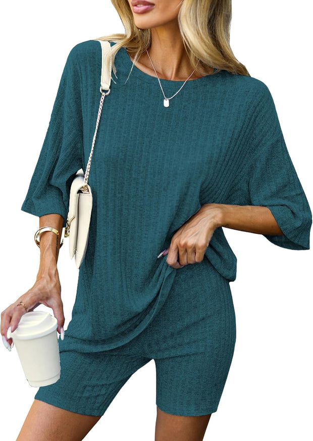 Ekouaer Pajamas 2 Piece Lounge Sets Ribbed Knit Matching Outfits T-shirt Biker Shorts Sleepwear Loungewear Sweatsuits