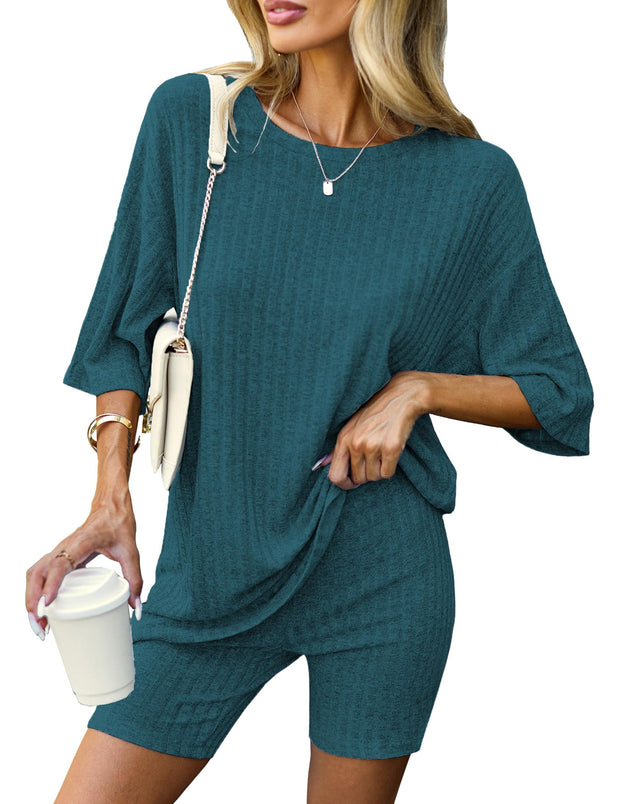 Ekouaer Pajamas 2 Piece Lounge Sets Ribbed Knit Matching Outfits T-shirt Biker Shorts Sleepwear Loungewear Sweatsuits