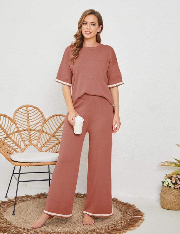 Tanming Sweater Sets Women 2 Piece Lounge Sets Short Sleeve Knit Pullover Tops Wide Leg Pants
