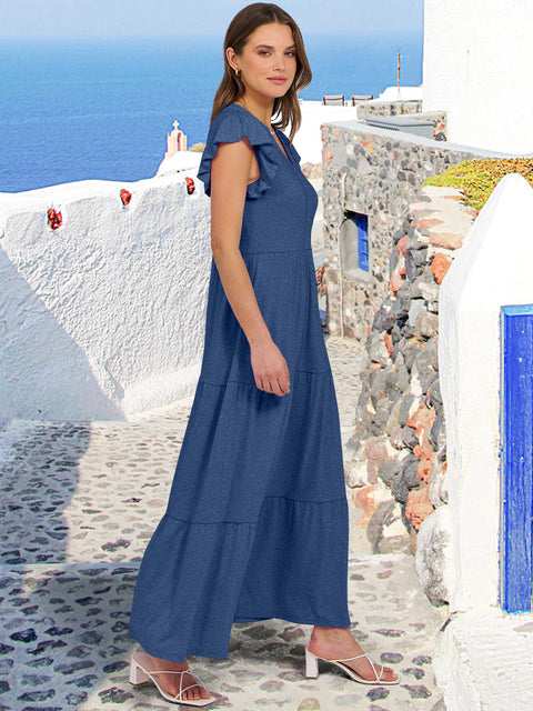 ANRABESS Womens Summer Casual Maxi Dress V Neck Ruffle Sleeve Long Dresses Fashion Flowy Tiered Boho Beach Vacation Sundress Black Large