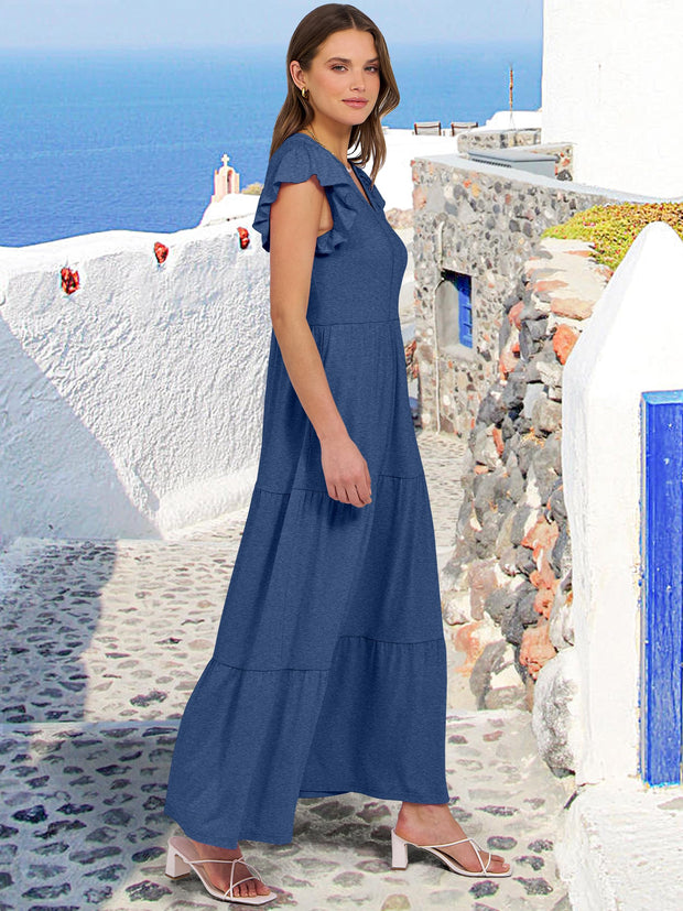 ANRABESS Womens Summer Casual Maxi Dress V Neck Ruffle Sleeve Long Dresses Fashion Flowy Tiered Boho Beach Vacation Sundress Black Large
