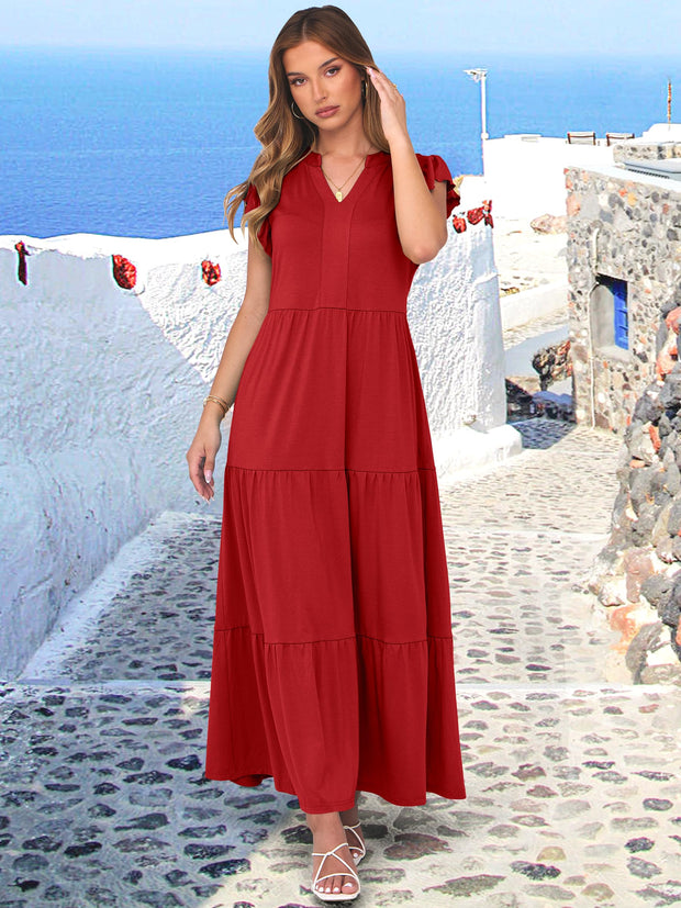 ANRABESS Womens Summer Casual Maxi Dress V Neck Ruffle Sleeve Long Dresses Fashion Flowy Tiered Boho Beach Vacation Sundress Black Large