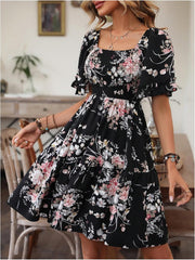 Verdusa Women's Floral Ruffle Hem Summer Dresses Flowy Short Sleeve High Waist Midi Dress