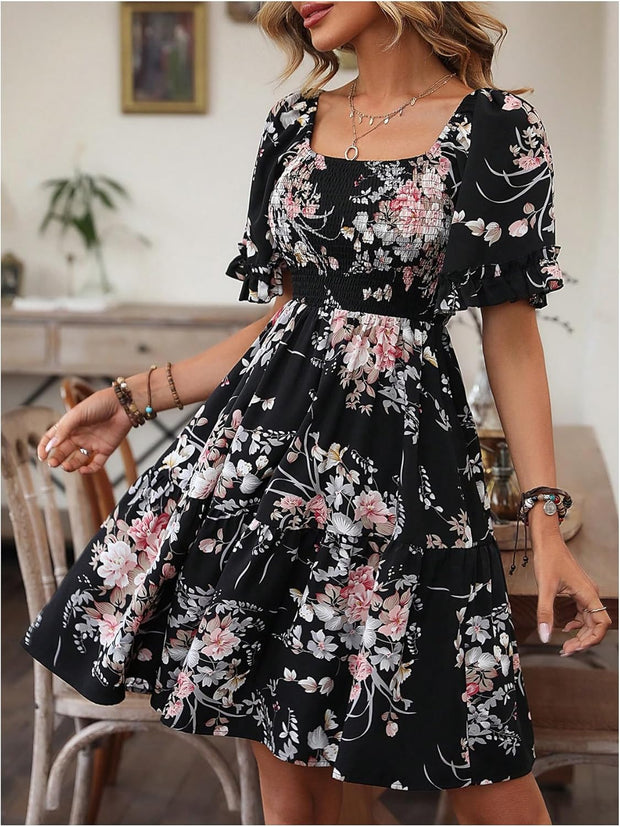 Verdusa Women's Floral Ruffle Hem Summer Dresses Flowy Short Sleeve High Waist Midi Dress