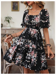 Verdusa Women's Floral Ruffle Hem Summer Dresses Flowy Short Sleeve High Waist Midi Dress Multicolor Medium