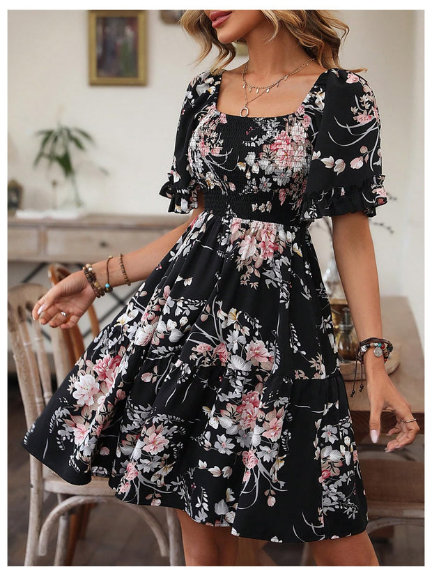 Verdusa Women's Floral Ruffle Hem Summer Dresses Flowy Short Sleeve High Waist Midi Dress Multicolor Medium