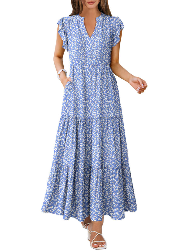 ANRABESS Womens Summer Casual Maxi Dress V Neck Ruffle Sleeve Long Dresses Fashion Flowy Tiered Boho Beach Vacation Sundress Black Large