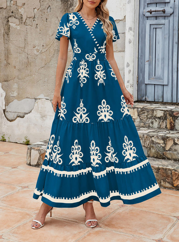 PRETTYGARDEN Womens 2025 Summer Casual V Neck Boho Maxi Dress Flowy Aline Bell Sleeve Tiered Floral Dresses with Pocket (Floral Apricot Black,X-Large)