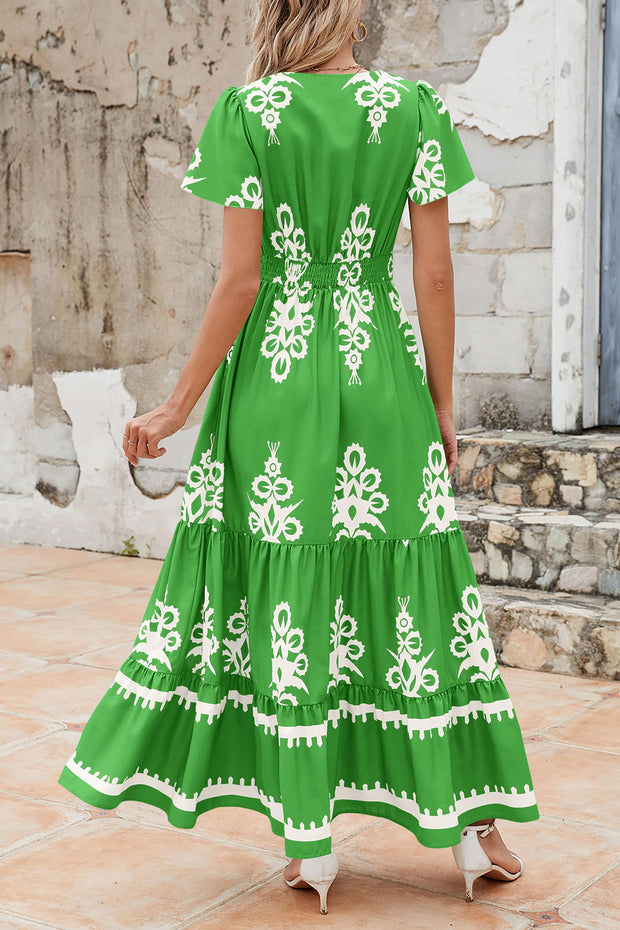 PRETTYGARDEN Womens 2025 Summer Casual V Neck Boho Maxi Dress Flowy Aline Bell Sleeve Tiered Floral Dresses with Pocket (Floral Apricot Black,X-Large)