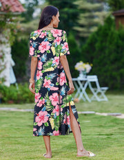 Zeagoo Women Long Sun Dress Summer T Shirt Dresses Beach Dress Casual Short Sleeve Tropical O Neck A Line Maxi Dresses Loose Side Slit Cover Up with Pockets 2025 Black XXL