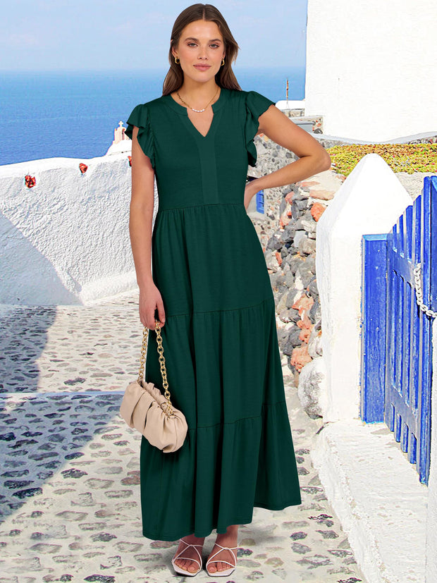 ANRABESS Womens Summer Casual Maxi Dress V Neck Ruffle Sleeve Long Dresses Fashion Flowy Tiered Boho Beach Vacation Sundress Black Large