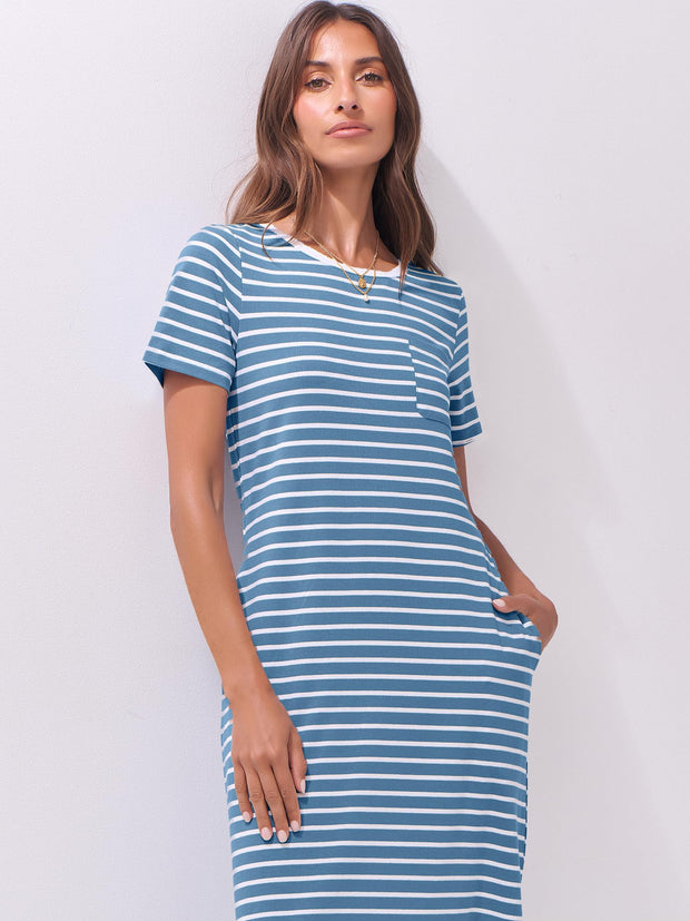 ANRABESS Womens Summer Casual Midi Dress Short Sleeve Crewneck T Shirt Long Dresses Split Stripe Beach Vacation Travel Outfit Small