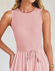 ZESICA Women's Summer Sleeveless Midi Dress 2025 Crewneck Ribbed Knit Tie Waist Casual A Line Swing Dresses