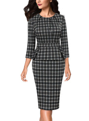 VFSHOW Womens Pleated Crew Neck Peplum Work Business Office Bodycon Pencil Sheath Dress