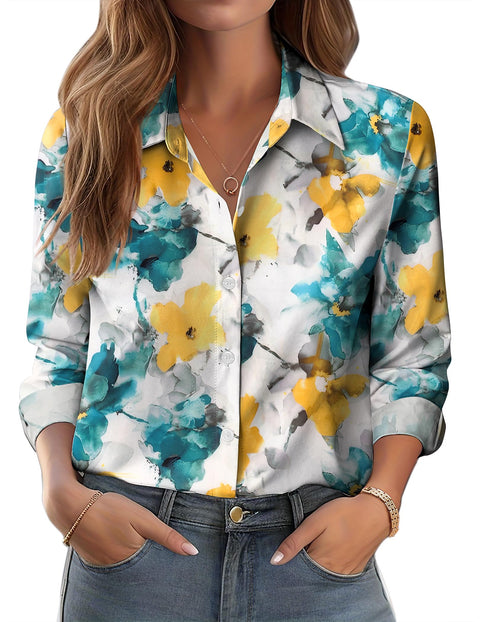 Zeagoo Button Down Shirts for Women Dressy Floral Printed Long Sleeve Blouse Business Casual Work Tops