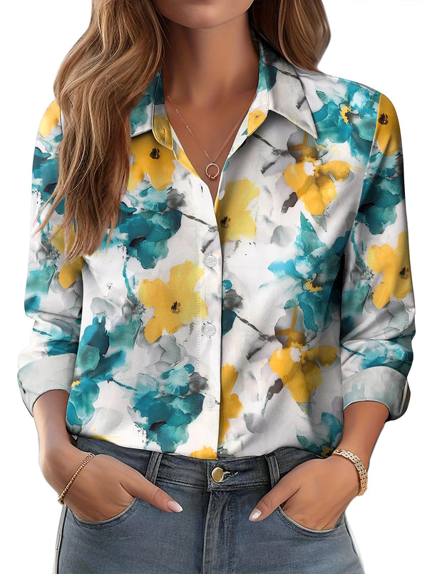 Zeagoo Button Down Shirts for Women Dressy Floral Printed Long Sleeve Blouse Business Casual Work Tops