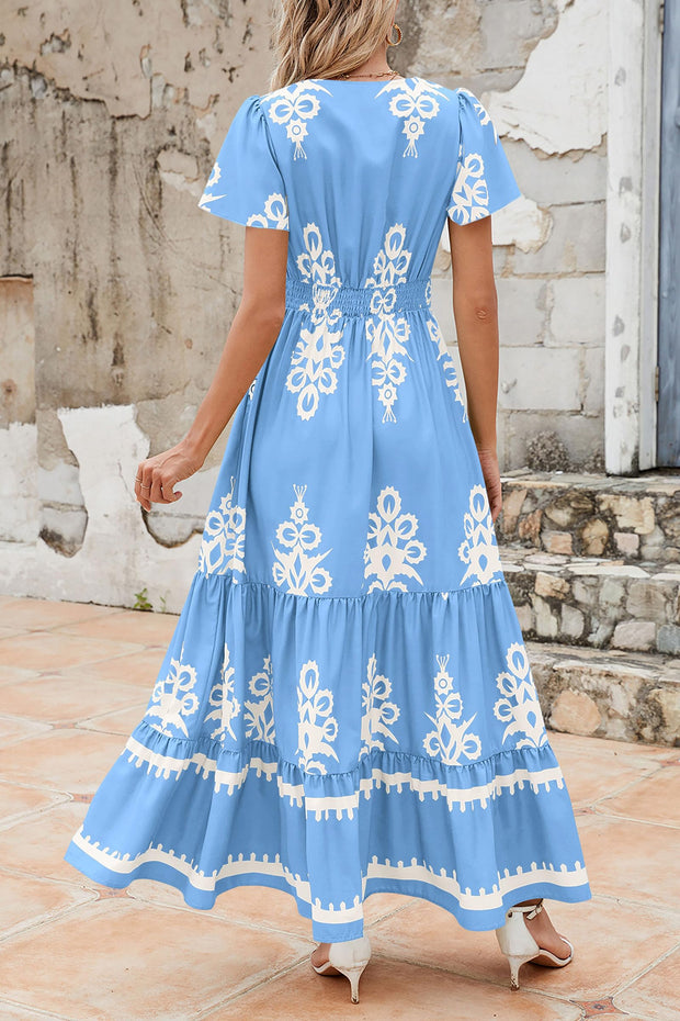 PRETTYGARDEN Womens 2025 Summer Casual V Neck Boho Maxi Dress Flowy Aline Bell Sleeve Tiered Floral Dresses with Pocket (Floral Apricot Black,X-Large)