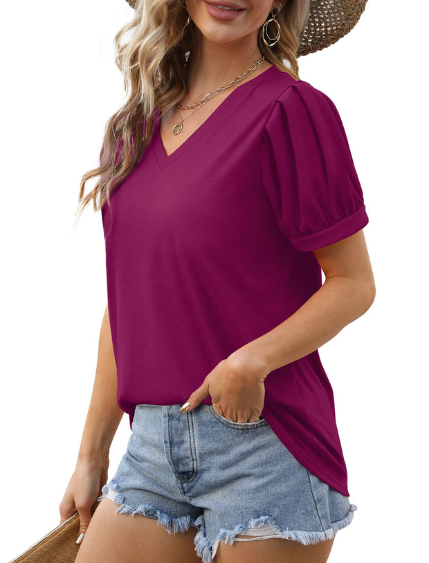 Geifa Womens Summer Tops Puff Short Sleeve V Neck T Shirts Loose Casual Tshirts