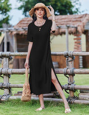 Zeagoo Women Long Sun Dress Summer T Shirt Dresses Beach Dress Casual Short Sleeve Tropical O Neck A Line Maxi Dresses Loose Side Slit Cover Up with Pockets 2025 Black XXL
