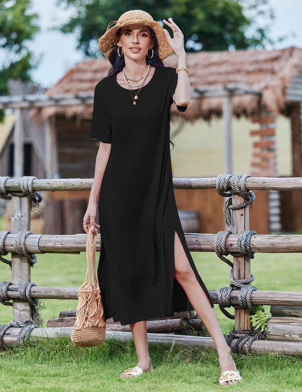 Zeagoo Women Long Sun Dress Summer T Shirt Dresses Beach Dress Casual Short Sleeve Tropical O Neck A Line Maxi Dresses Loose Side Slit Cover Up with Pockets 2025 Black XXL