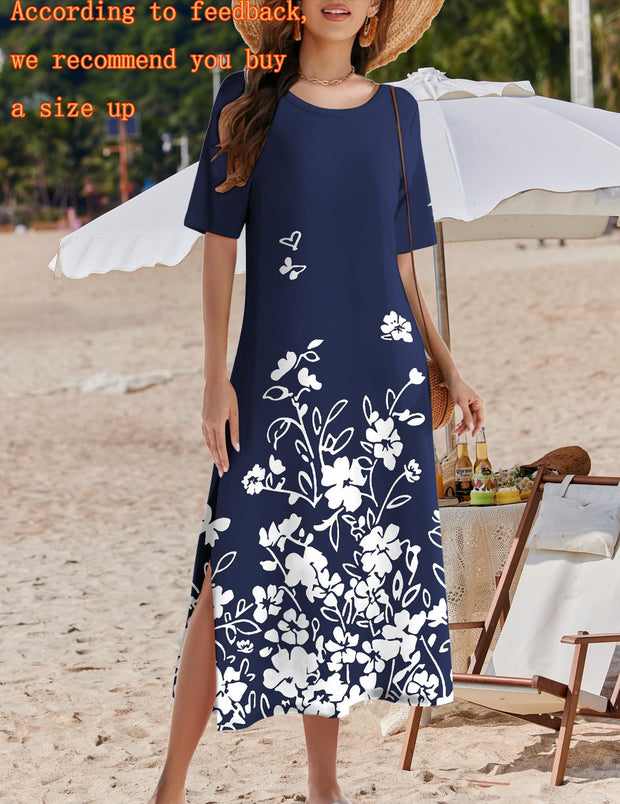 Zeagoo Women Long Sun Dress Summer T Shirt Dresses Beach Dress Casual Short Sleeve Tropical O Neck A Line Maxi Dresses Loose Side Slit Cover Up with Pockets 2025 Black XXL