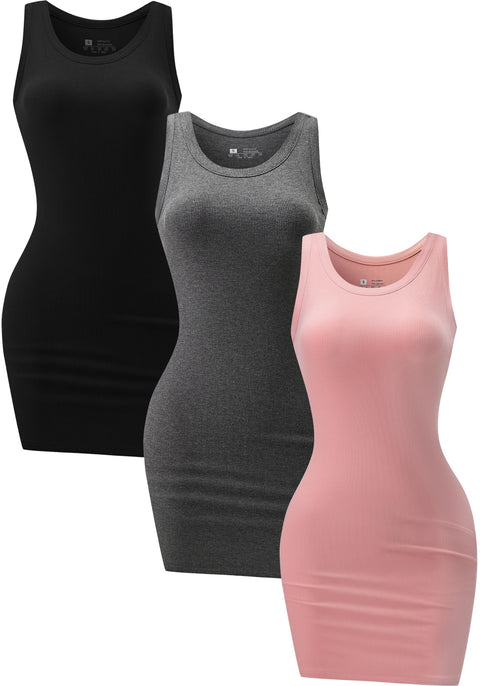 3 Piece Womens Summer Ribbed Tank Dress Scoop Neck Sleeveless Tank Top Dresses Basic Bodycon Mini Dress