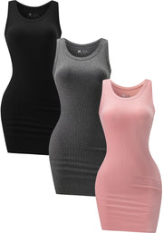 3 Piece Womens Summer Ribbed Tank Dress Scoop Neck Sleeveless Tank Top Dresses Basic Bodycon Mini Dress