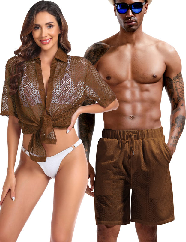 LecGee Men Summer Casual Short Sets Lace Short Sleeve Button Down Shirt Elastic Waist Shorts 2 Piece Outfits Tracksuit