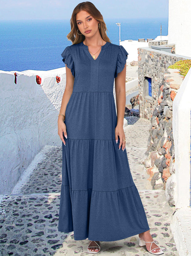 ANRABESS Womens Summer Casual Maxi Dress V Neck Ruffle Sleeve Long Dresses Fashion Flowy Tiered Boho Beach Vacation Sundress Black Large